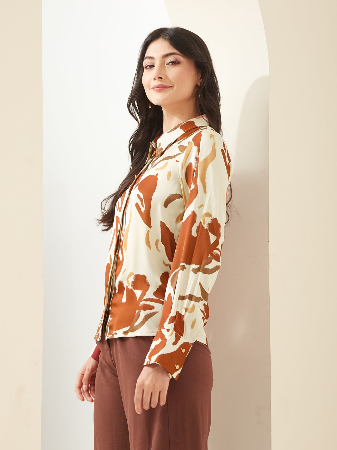 Latin Quarters Women Rust Collared Full Sleeves Printed Casual Shirt
