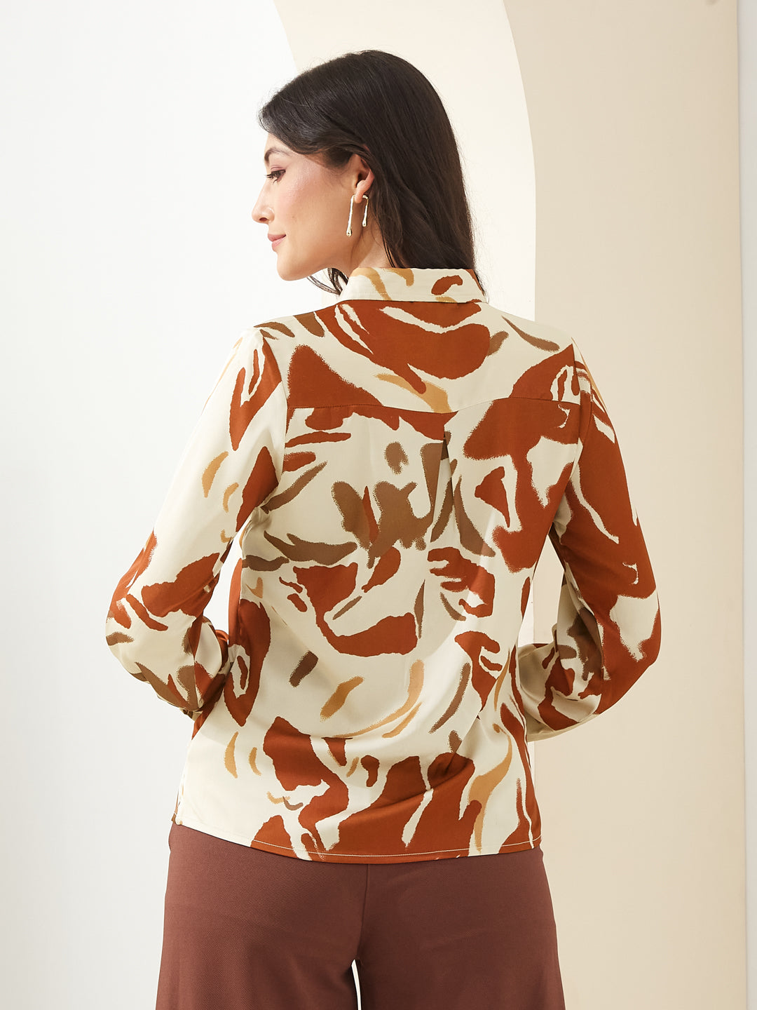 Latin Quarters Women Rust Collared Full Sleeves Printed Casual Shirt