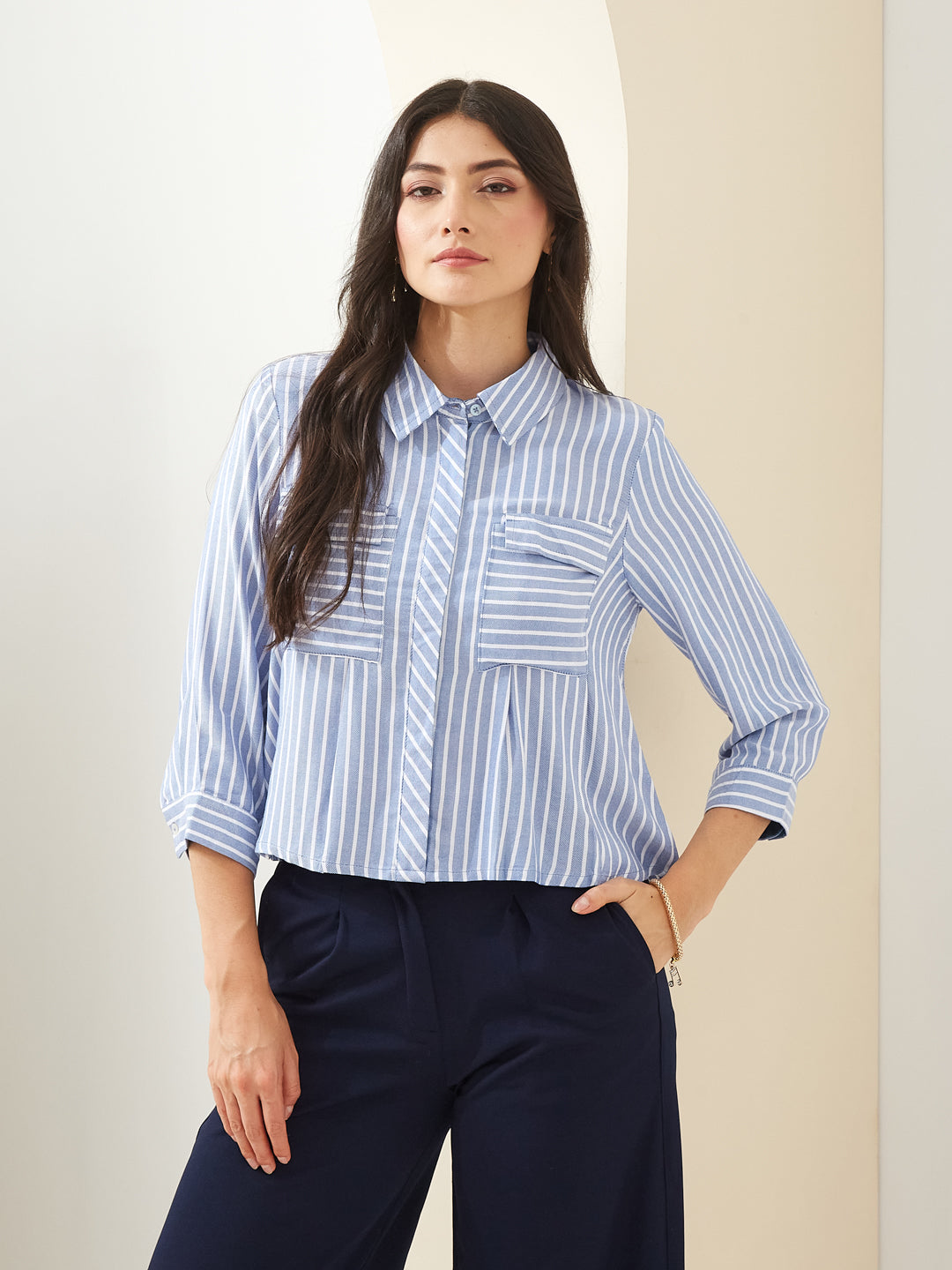 Latin Quarters Women Blue Collared 3/4Th Sleeves Striped Casual Shirt