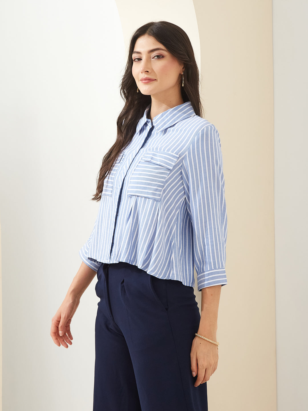 Latin Quarters Women Blue Collared 3/4Th Sleeves Striped Casual Shirt