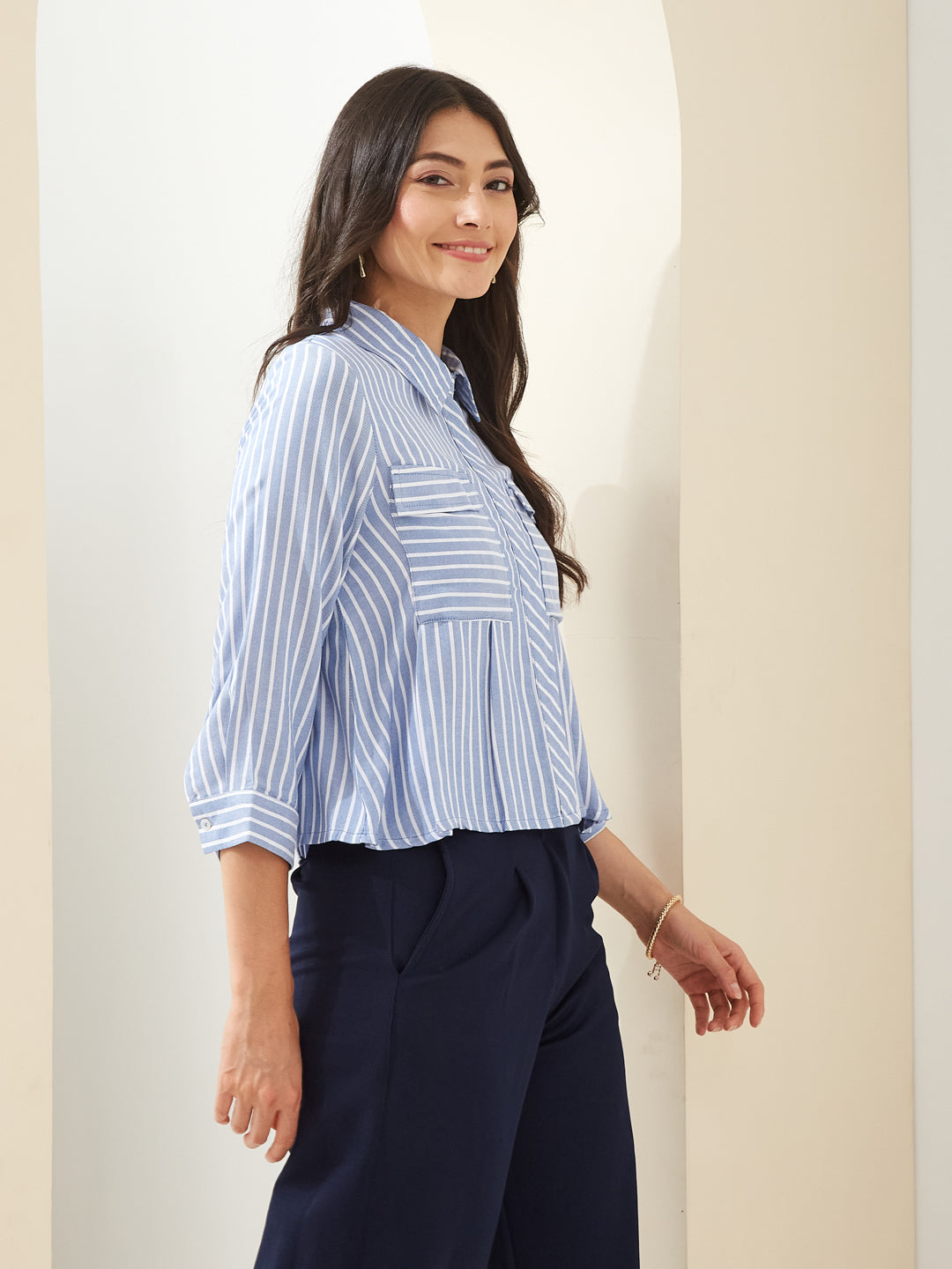 Latin Quarters Women Blue Collared 3/4Th Sleeves Striped Casual Shirt