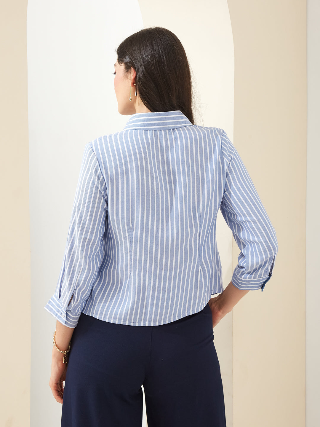 Latin Quarters Women Blue Collared 3/4Th Sleeves Striped Casual Shirt