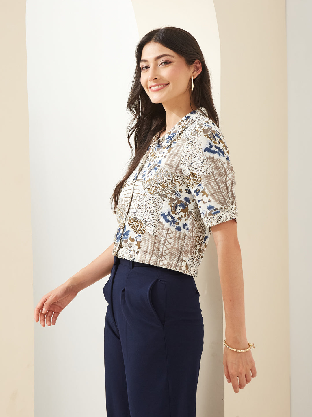 Latin Quarters Women White Collared Short Sleeves Printed Casual Shirt
