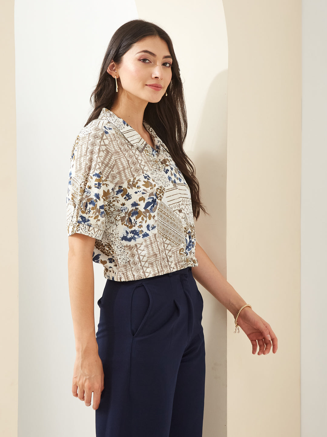 Latin Quarters Women White Collared Short Sleeves Printed Casual Shirt
