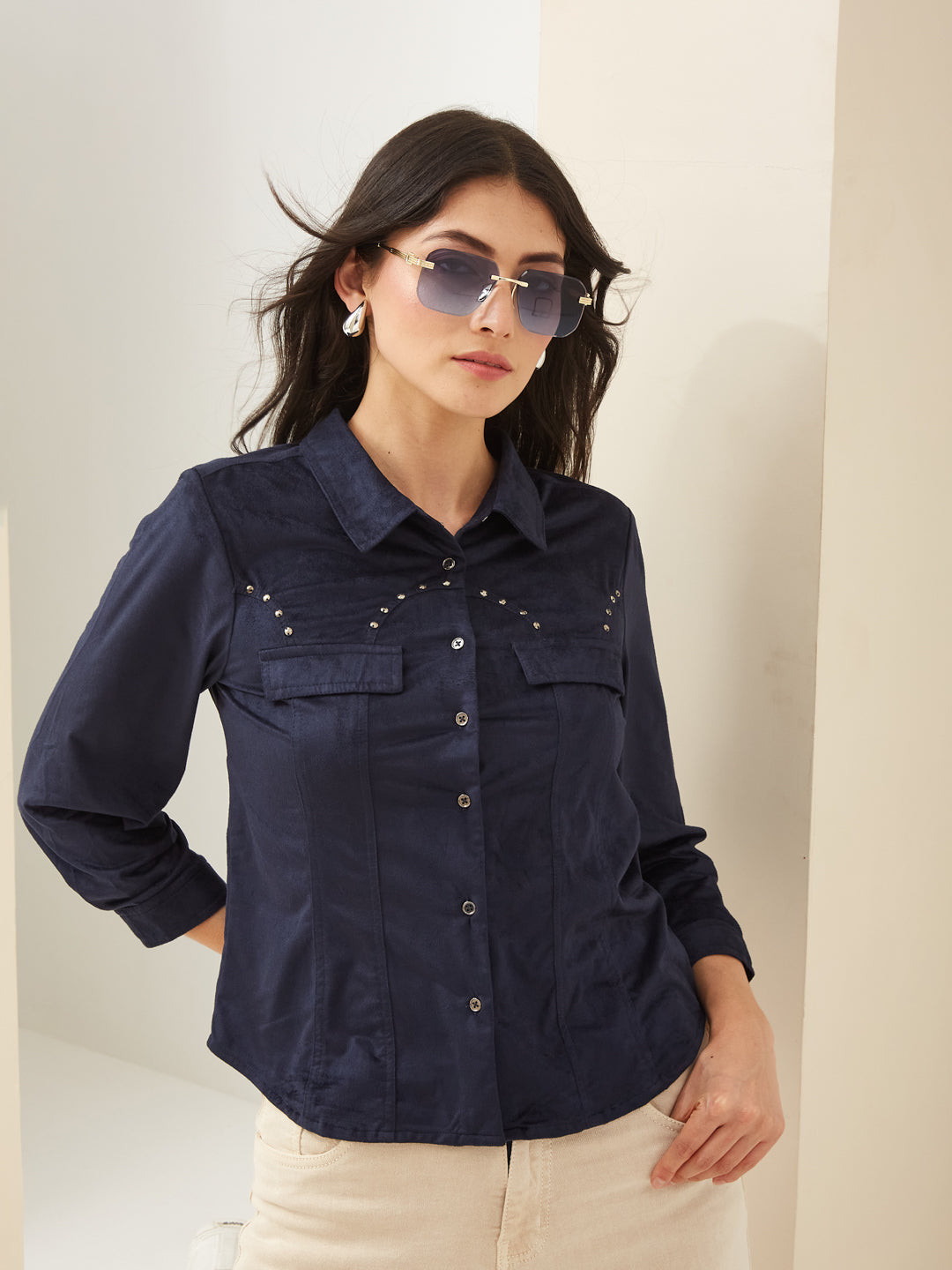 Latin Quarters Women Navy Blue Collared 3/4Th Sleeves Solid Casual Shirt