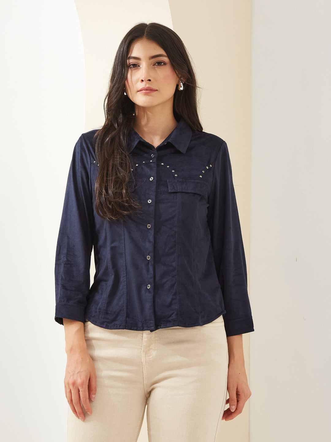 Latin Quarters Women Navy Blue Collared 3/4Th Sleeves Solid Casual Shirt