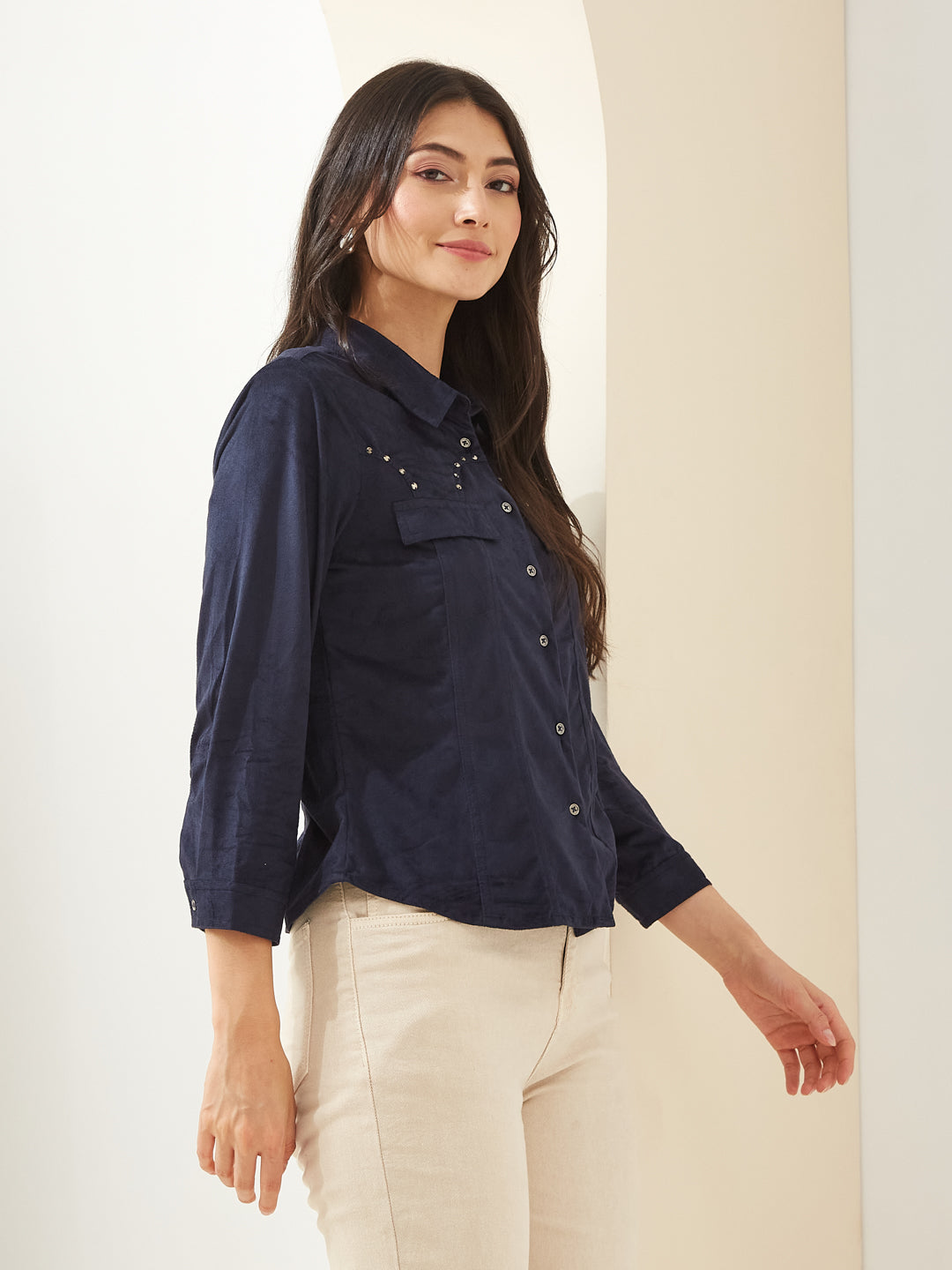 Latin Quarters Women Navy Blue Collared 3/4Th Sleeves Solid Casual Shirt