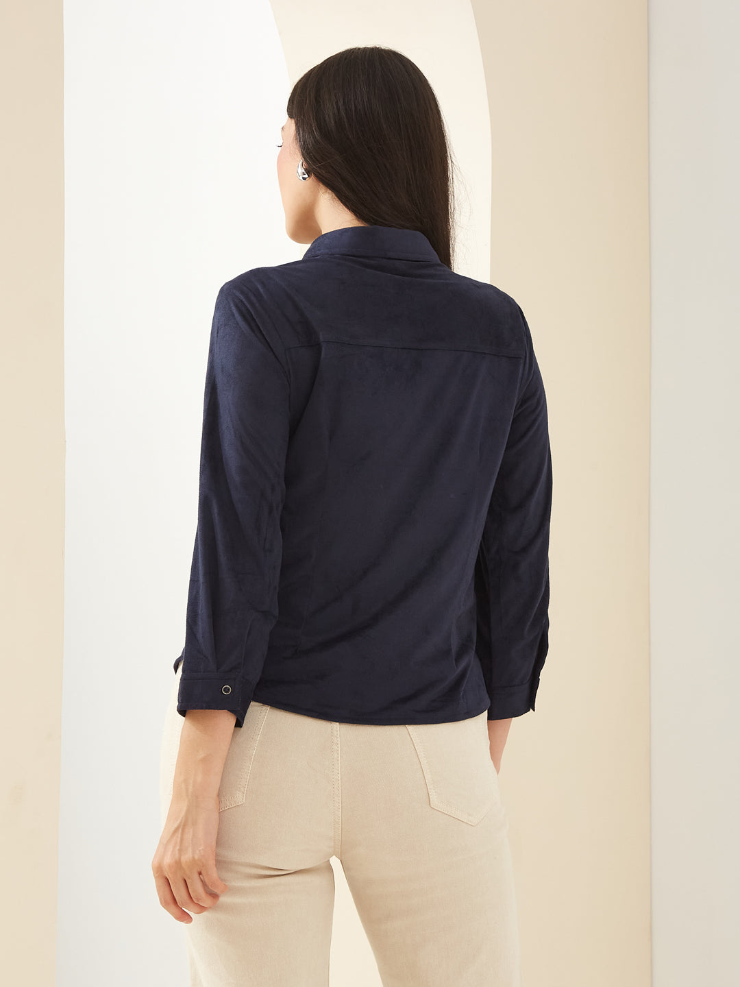 Latin Quarters Women Navy Blue Collared 3/4Th Sleeves Solid Casual Shirt