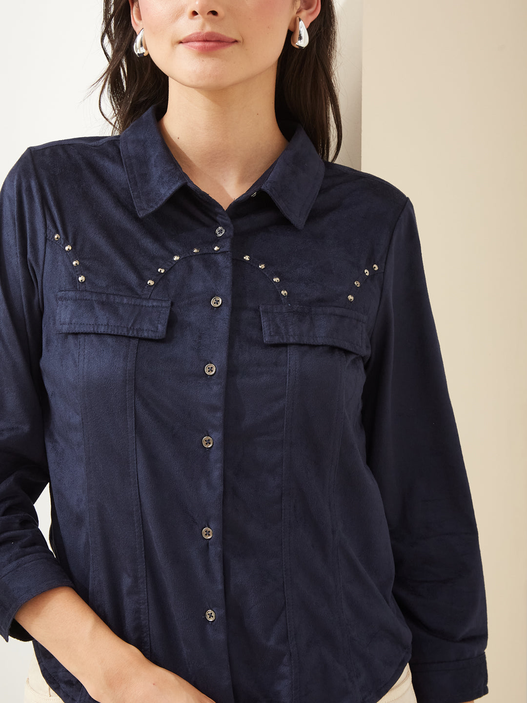 Latin Quarters Women Navy Blue Collared 3/4Th Sleeves Solid Casual Shirt