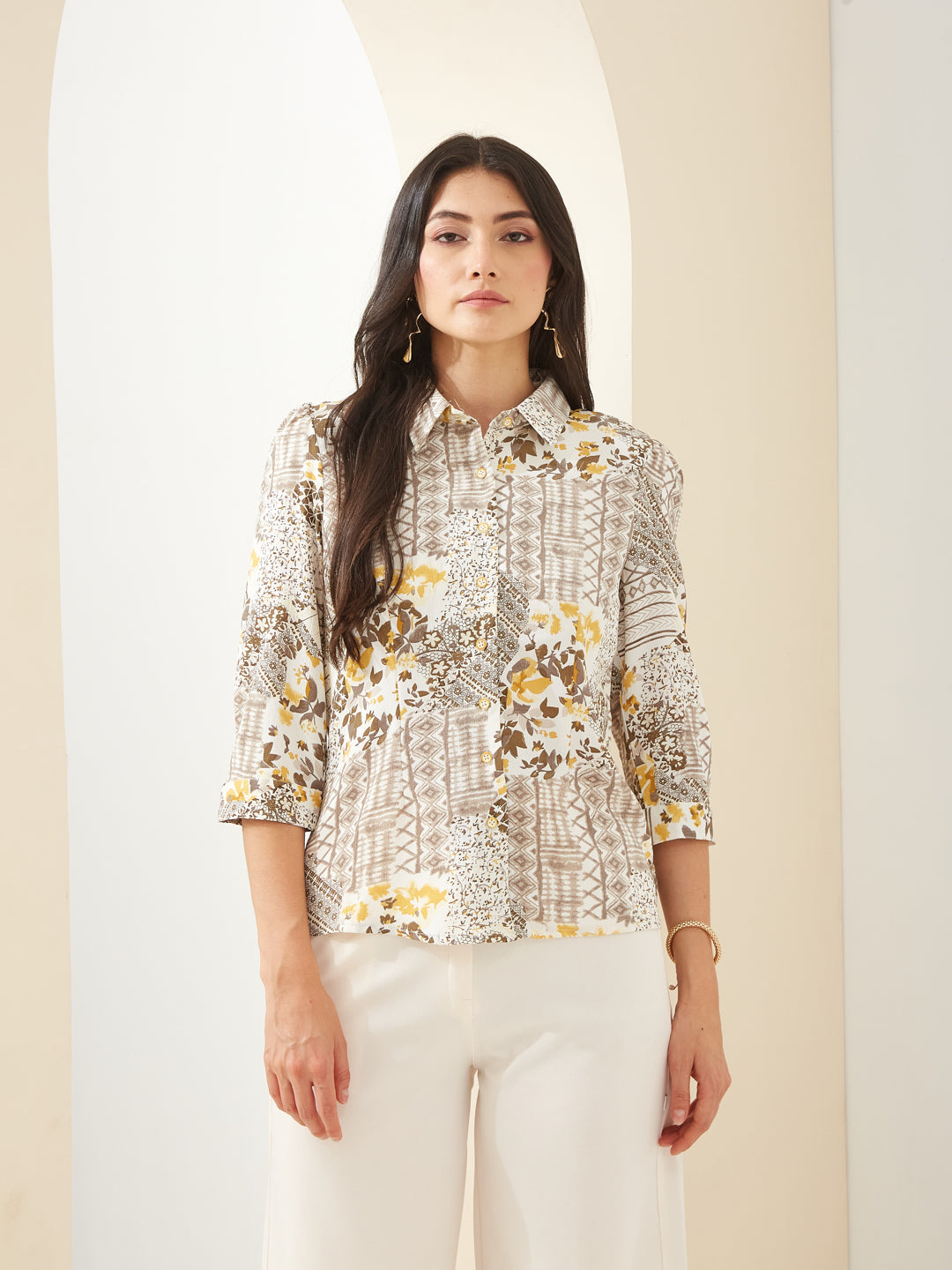 Latin Quarters Women White Collared 3/4th Sleeves Printed Casual Shirt