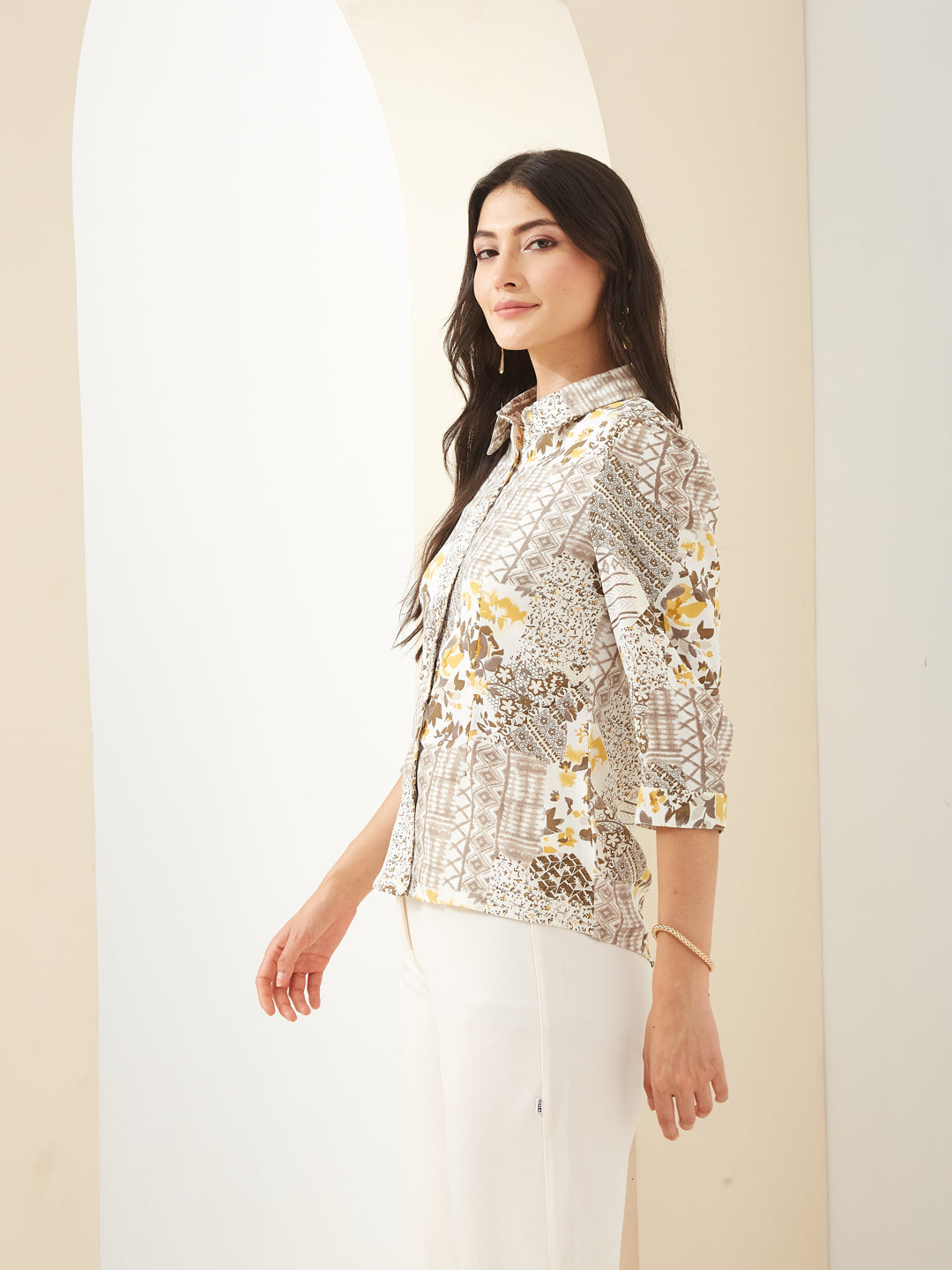 Latin Quarters Women White Collared 3/4th Sleeves Printed Casual Shirt
