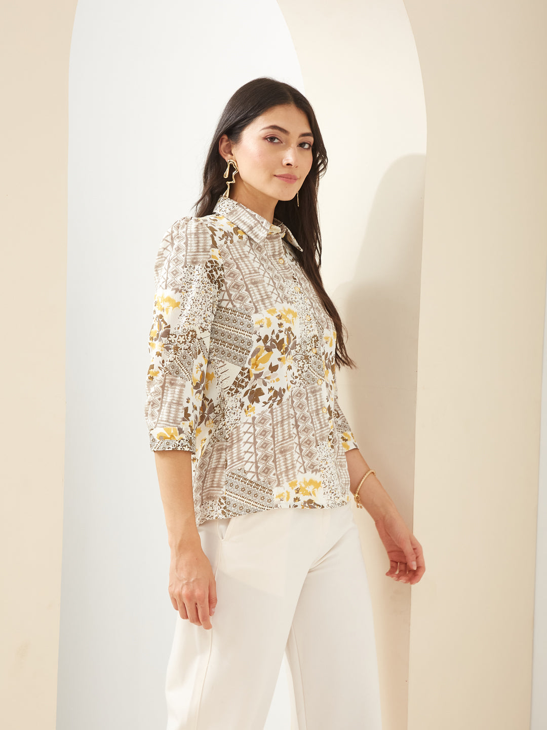 Latin Quarters Women White Collared 3/4th Sleeves Printed Casual Shirt
