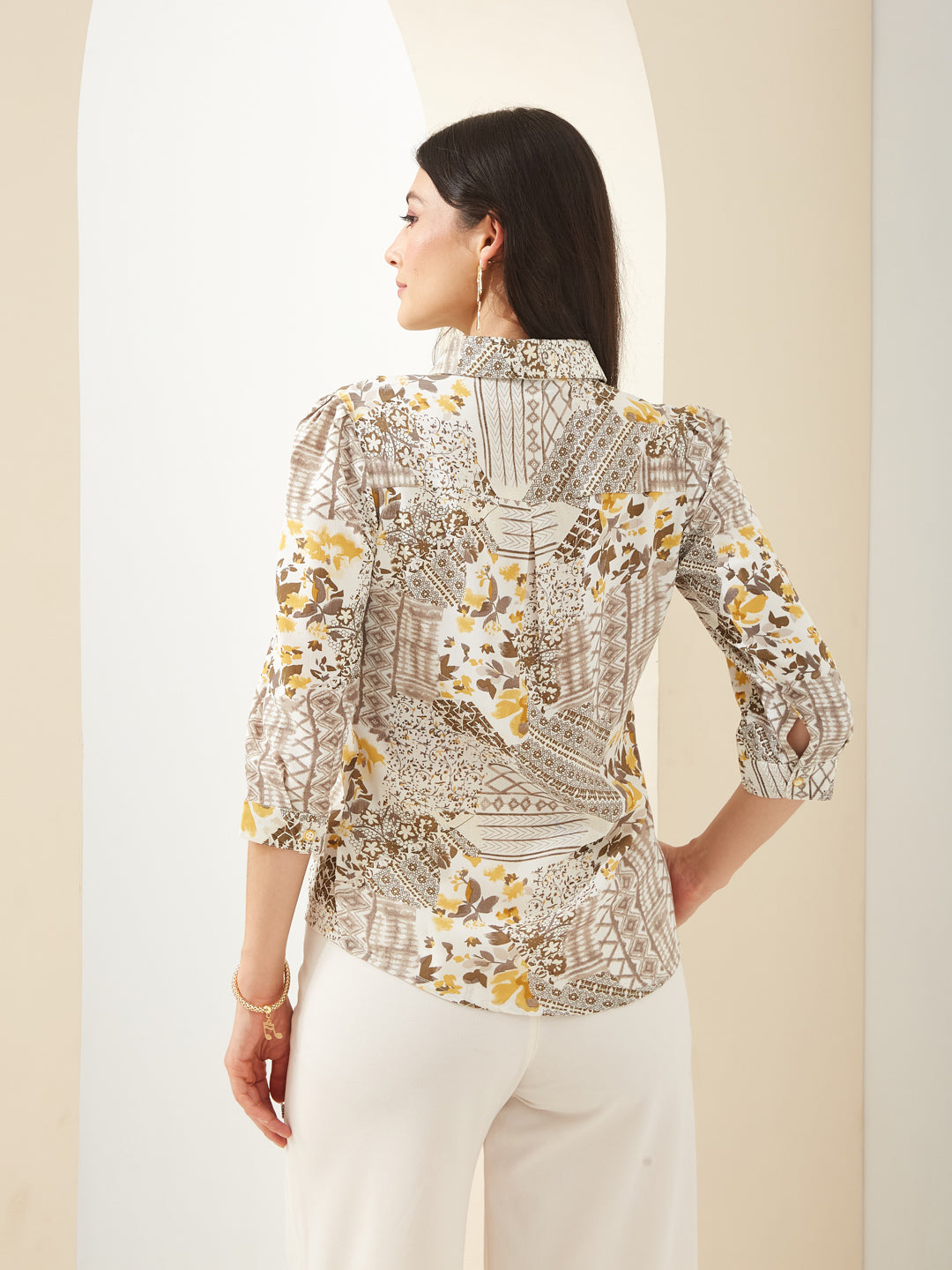 Latin Quarters Women White Collared 3/4th Sleeves Printed Casual Shirt