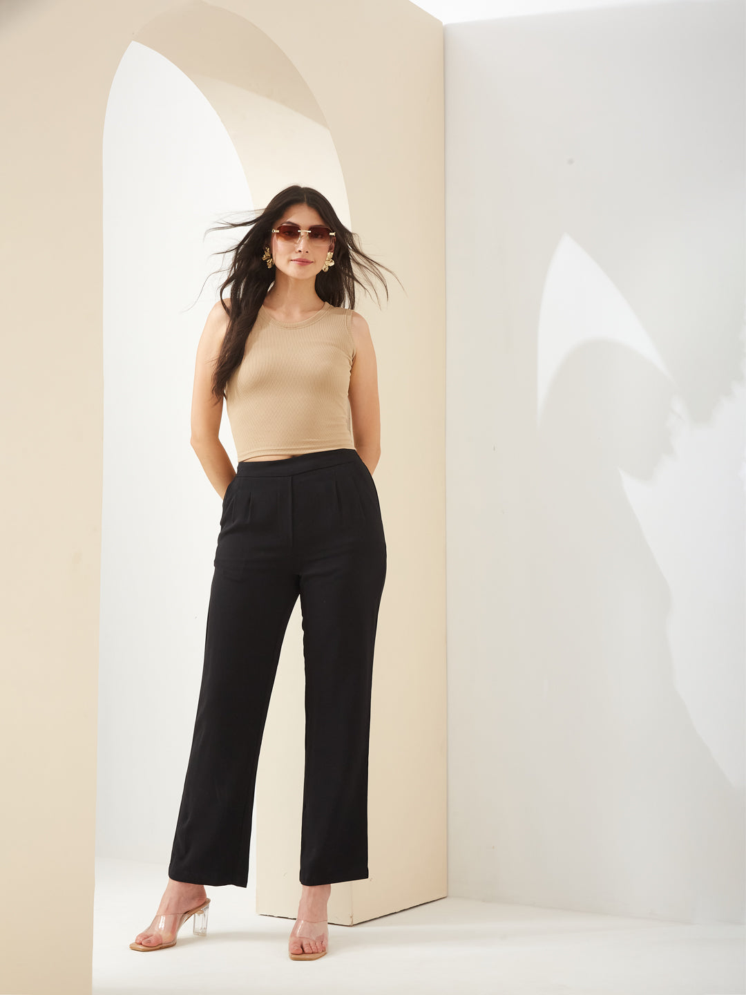 Latin Quarters Women Black Straight Fit Solid High Rise Casual Trouser