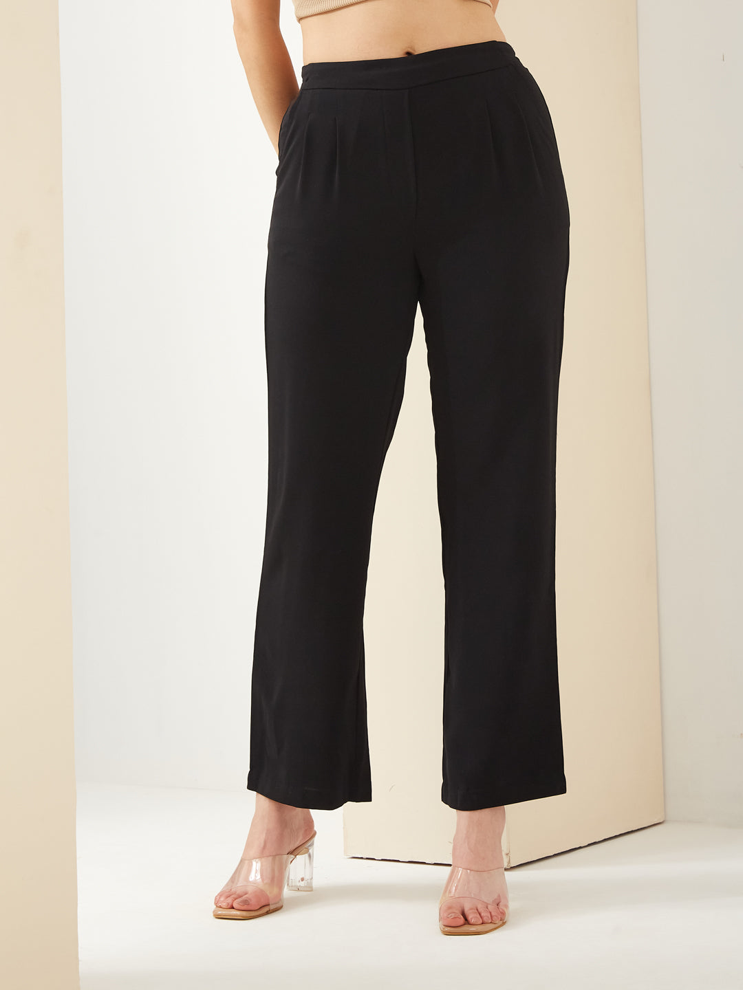 Latin Quarters Women Black Straight Fit Solid High Rise Casual Trouser