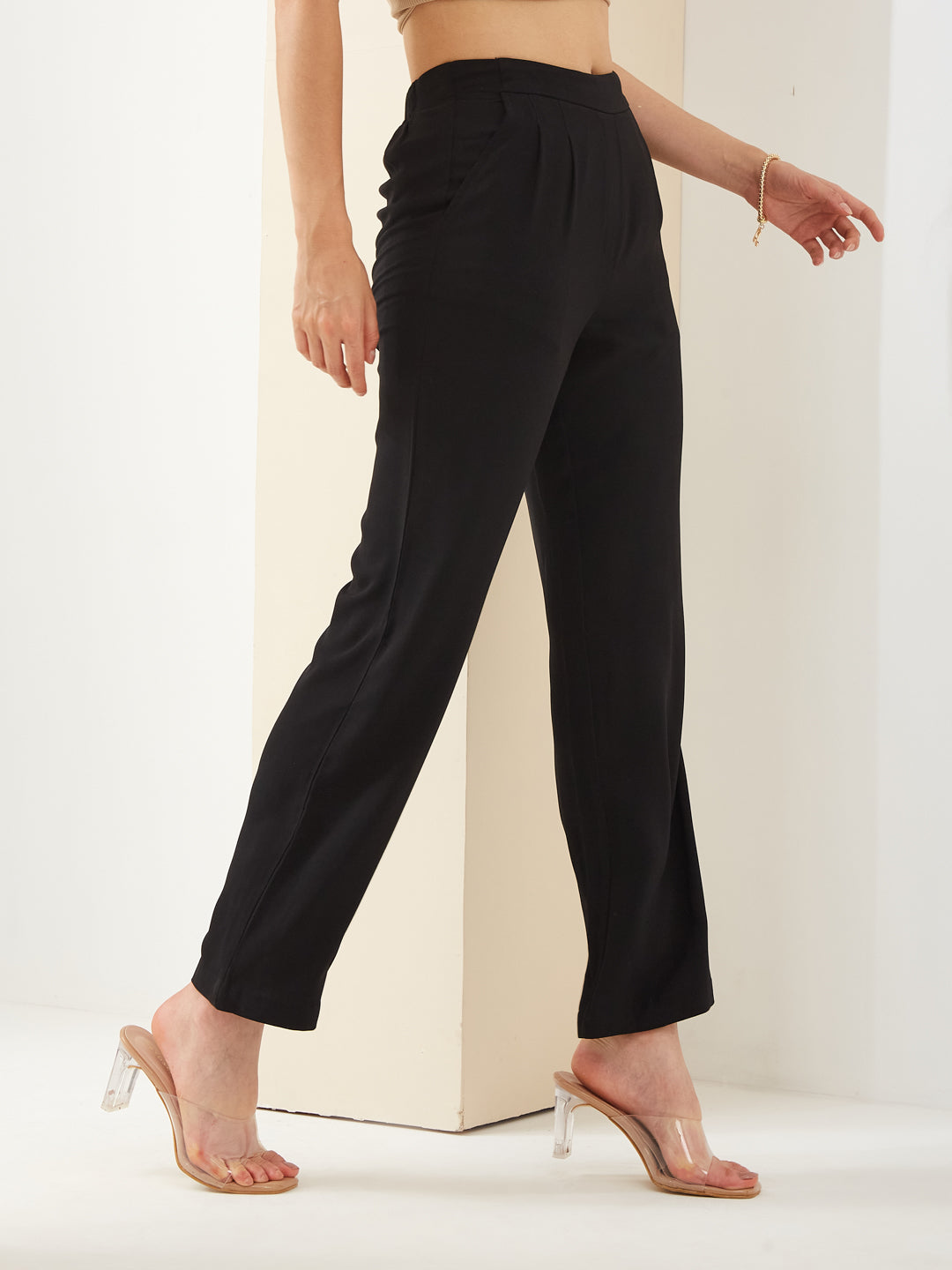 Latin Quarters Women Black Straight Fit Solid High Rise Casual Trouser