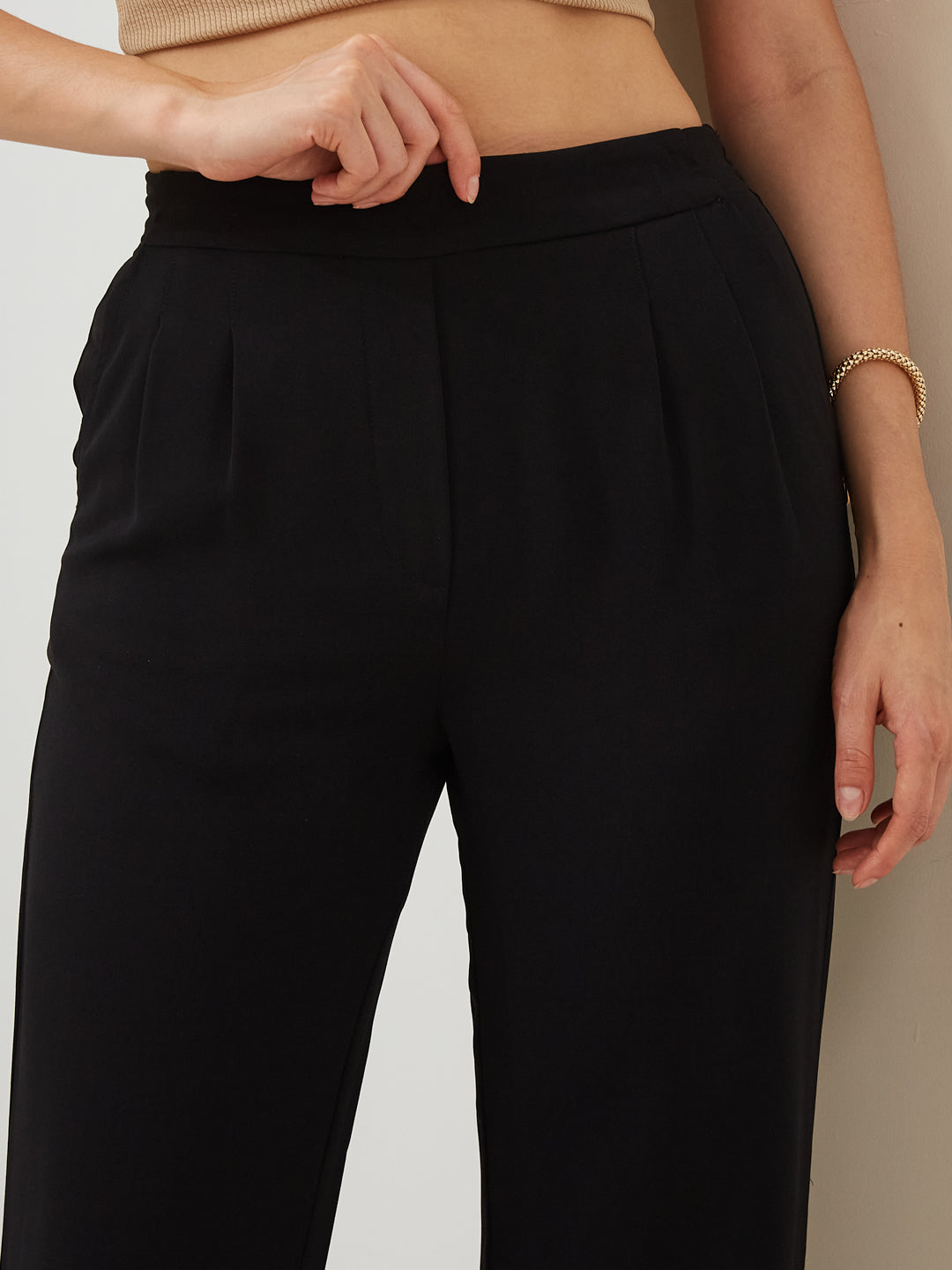 Latin Quarters Women Black Straight Fit Solid High Rise Casual Trouser