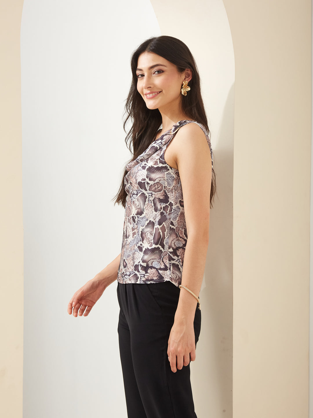 Latin Quarters Women Brown Cowl Neck Sleeveless Printed Casual Top