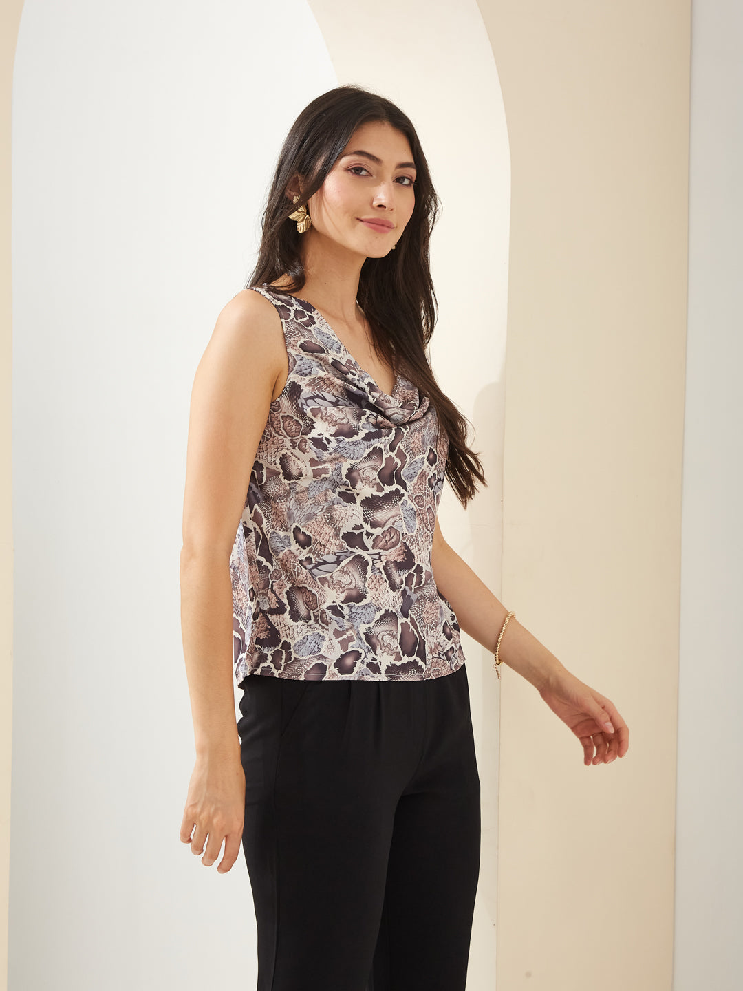 Latin Quarters Women Brown Cowl Neck Sleeveless Printed Casual Top