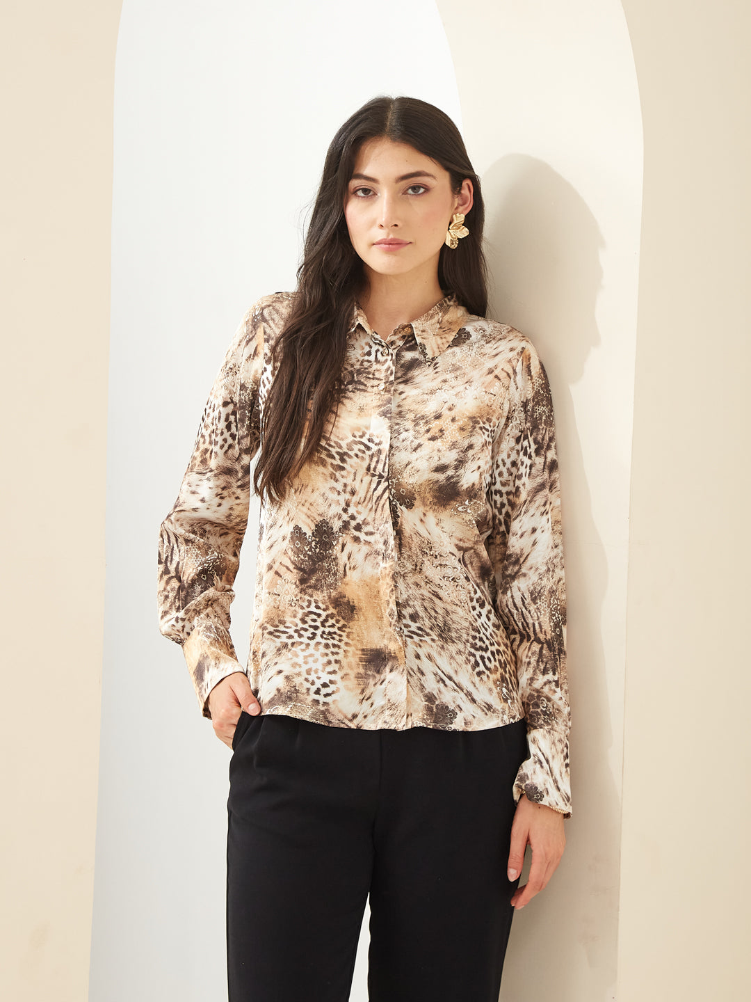 Latin Quarters Women Brown Collared Full Sleeves Printed Casual Shirt