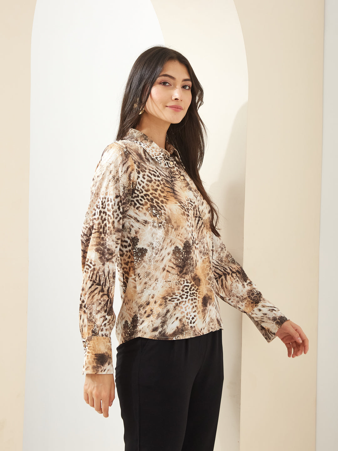 Latin Quarters Women Brown Collared Full Sleeves Printed Casual Shirt