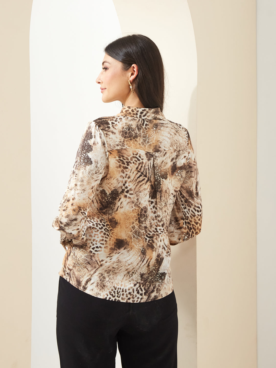 Latin Quarters Women Brown Collared Full Sleeves Printed Casual Shirt