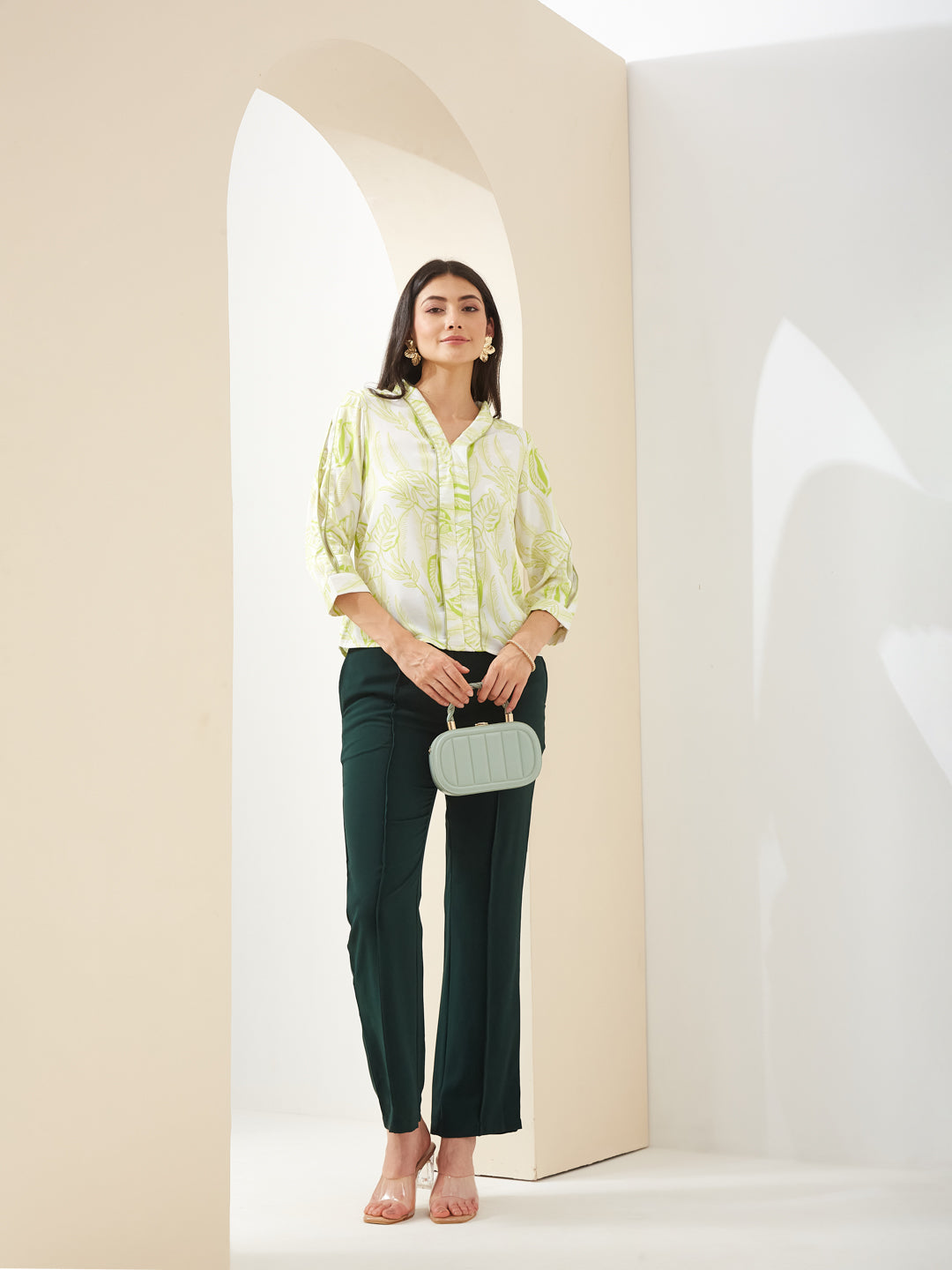 Latin Quarters Women White V- Neck 3/4th Sleeves Printed Casual Top