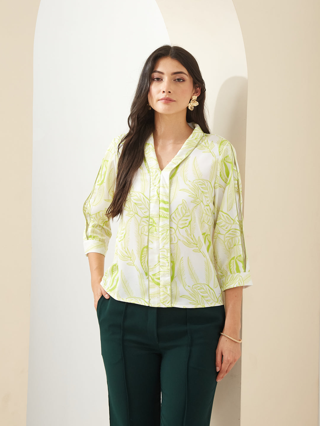 Latin Quarters Women White V- Neck 3/4th Sleeves Printed Casual Top