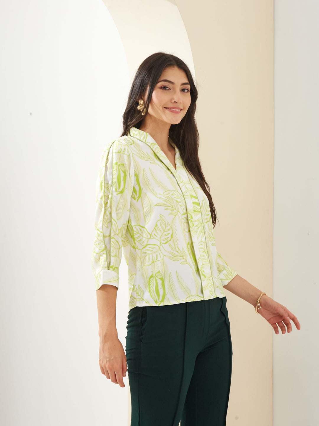 Latin Quarters Women White V- Neck 3/4th Sleeves Printed Casual Top