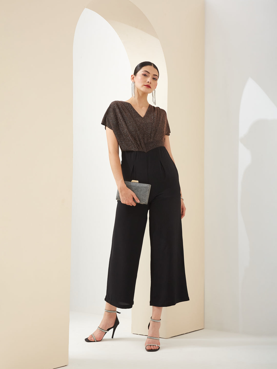 Latin Quarters Women Black V- Neck Short Sleeves Solid Party Jumpsuit