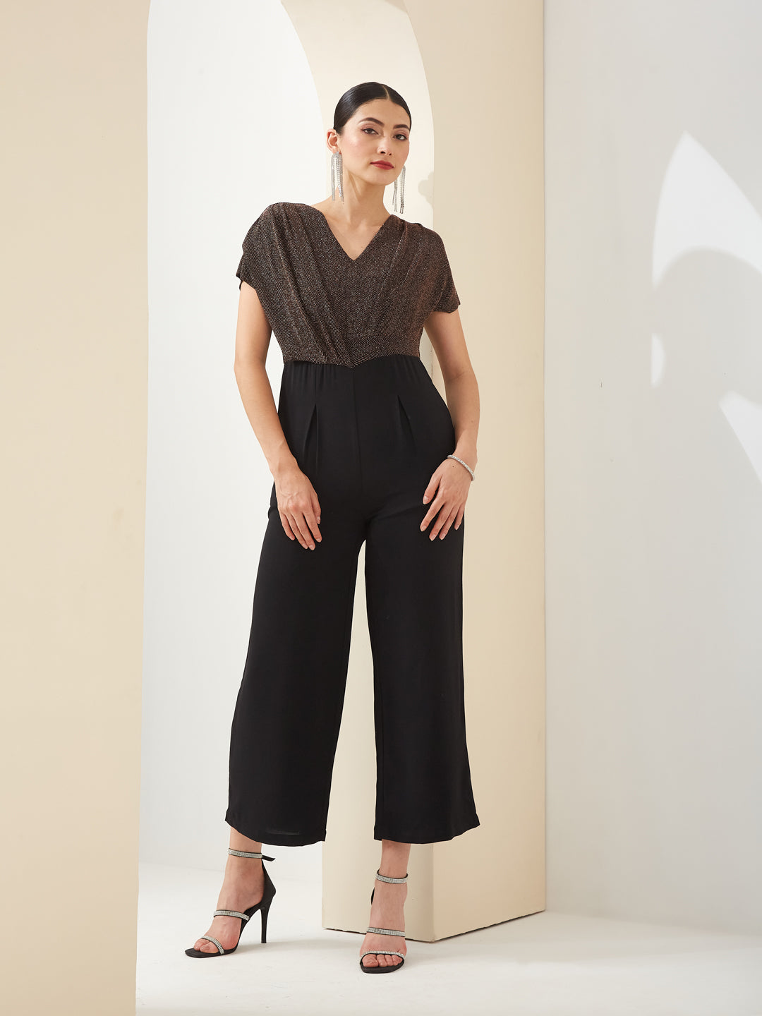 Latin Quarters Women Black V- Neck Short Sleeves Solid Party Jumpsuit