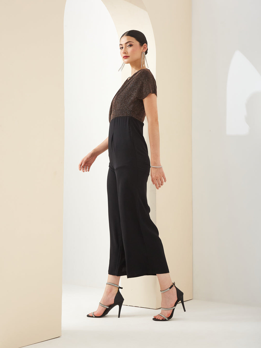 Latin Quarters Women Black V- Neck Short Sleeves Solid Party Jumpsuit