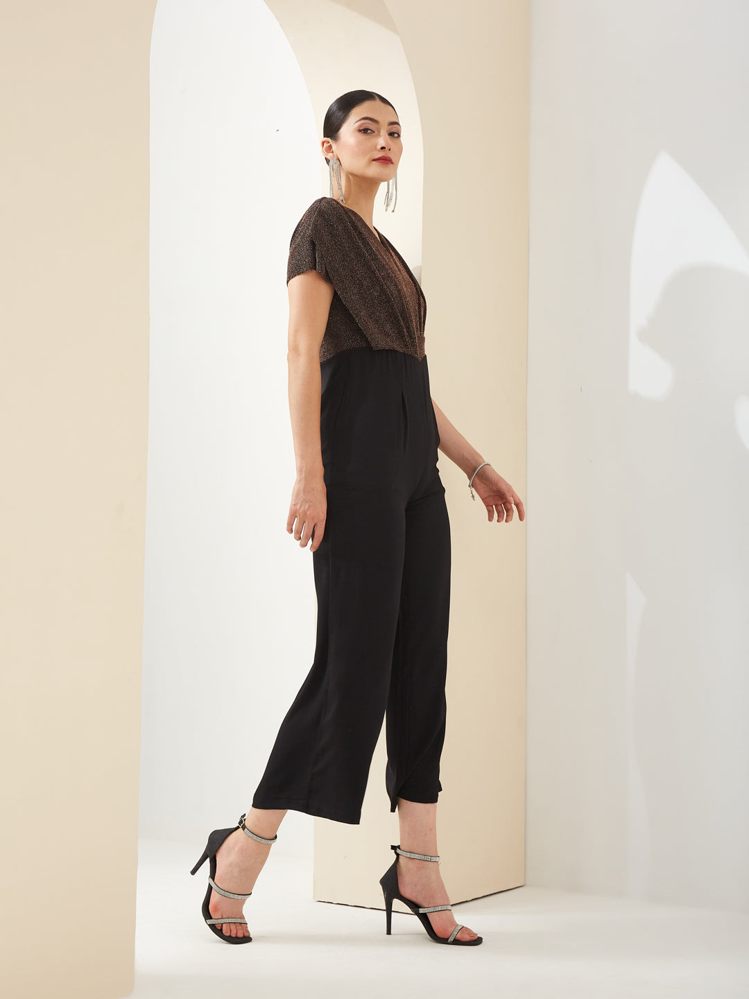 Latin Quarters Women Black V- Neck Short Sleeves Solid Party Jumpsuit