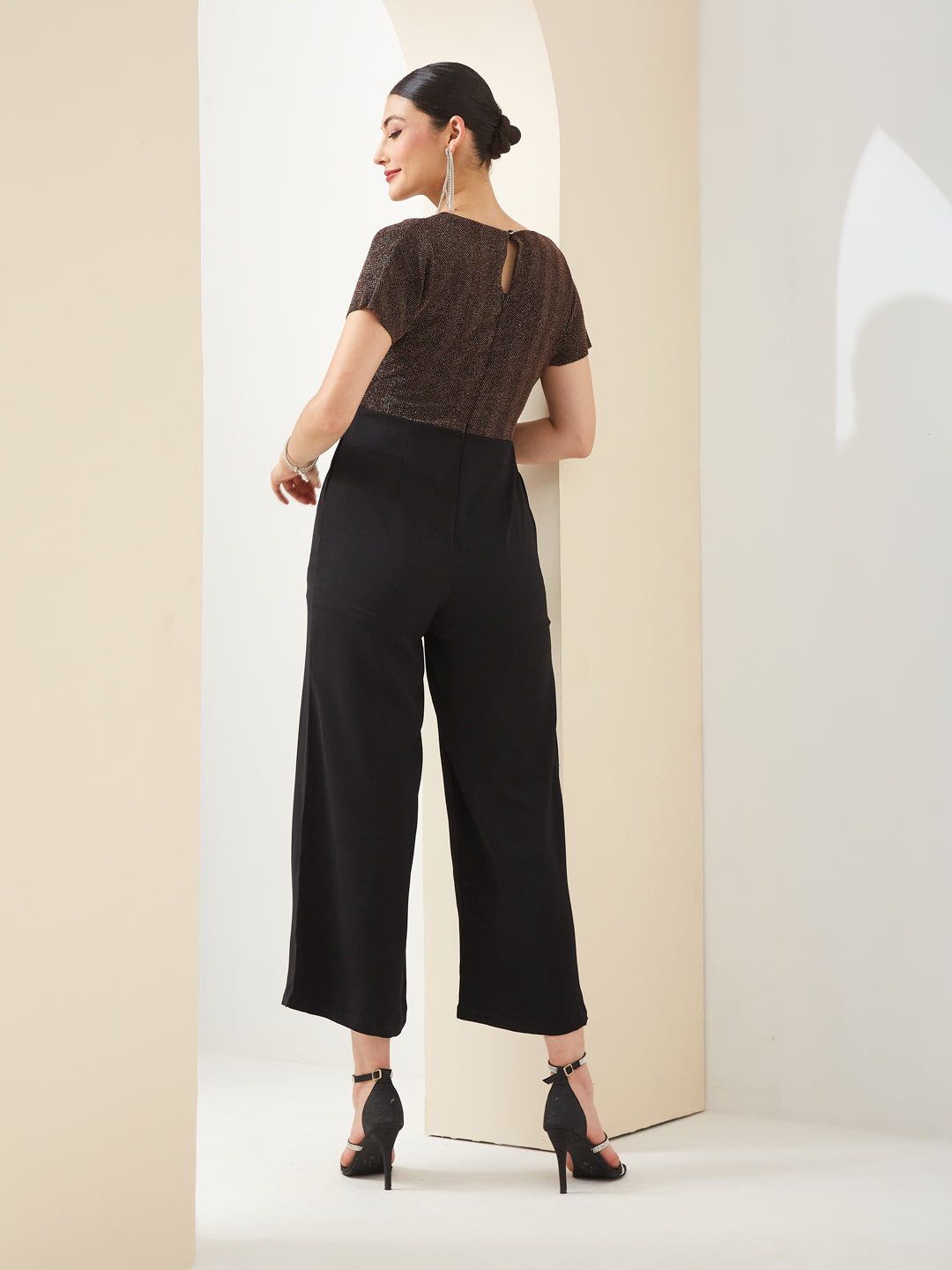 Latin Quarters Women Black V- Neck Short Sleeves Solid Party Jumpsuit