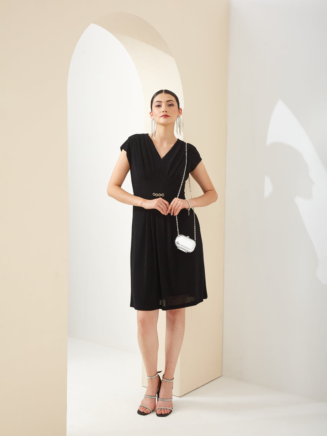 Latin Quarters Women Black V- Neck Short Sleeves A-Line Solid Party Dress