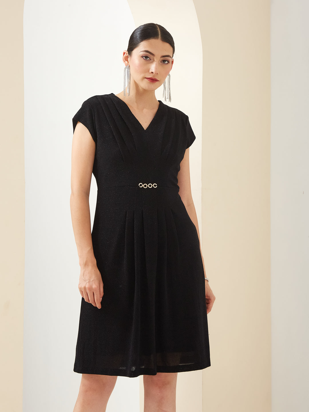 Latin Quarters Women Black V- Neck Short Sleeves A-Line Solid Party Dress