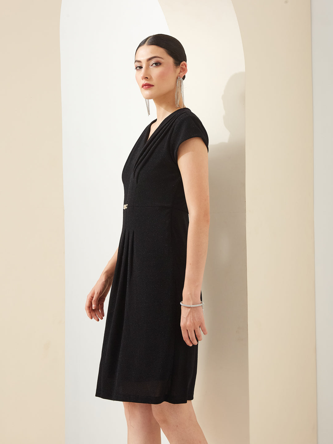 Latin Quarters Women Black V- Neck Short Sleeves A-Line Solid Party Dress