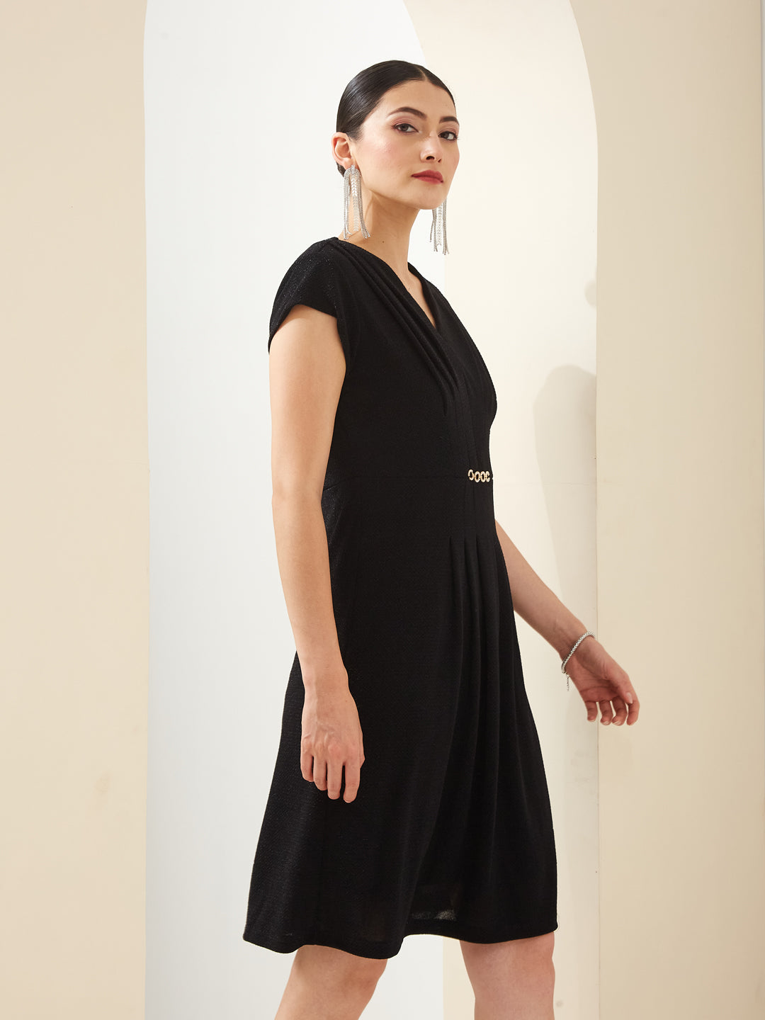 Latin Quarters Women Black V- Neck Short Sleeves A-Line Solid Party Dress