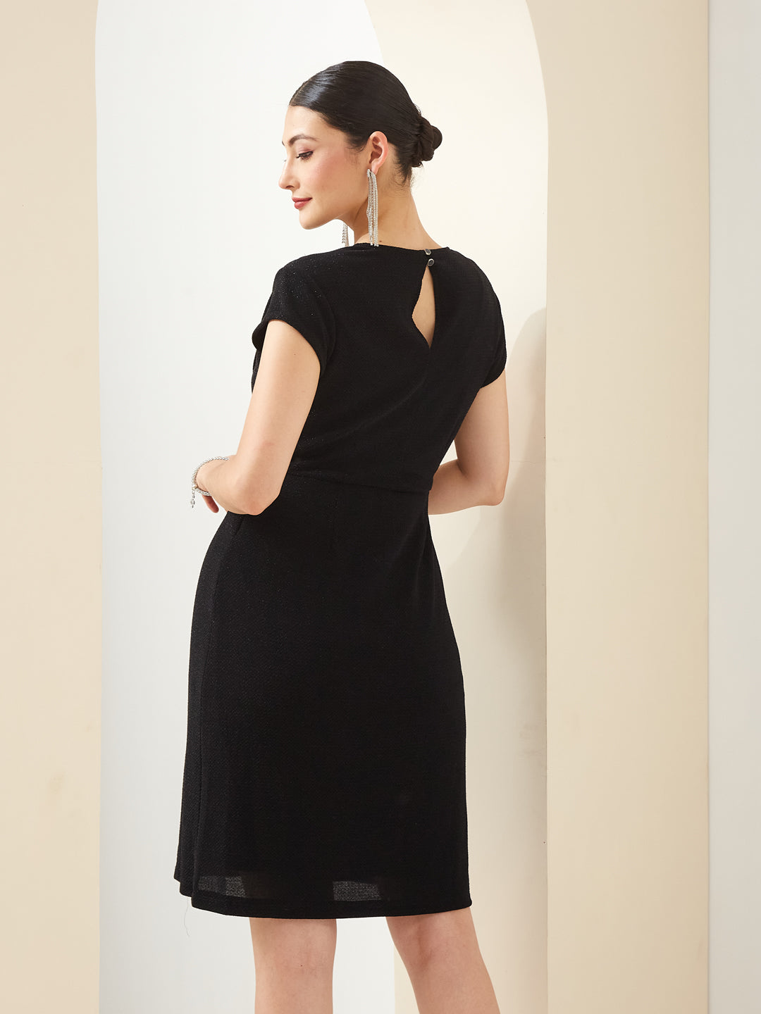 Latin Quarters Women Black V- Neck Short Sleeves A-Line Solid Party Dress