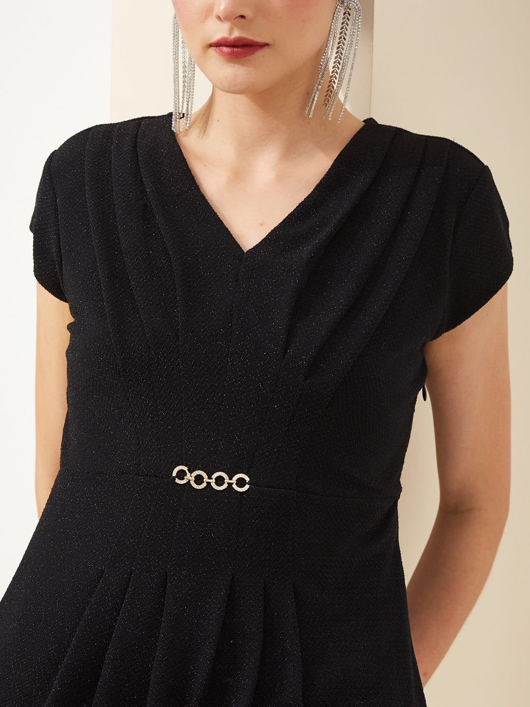 Latin Quarters Women Black V- Neck Short Sleeves A-Line Solid Party Dress