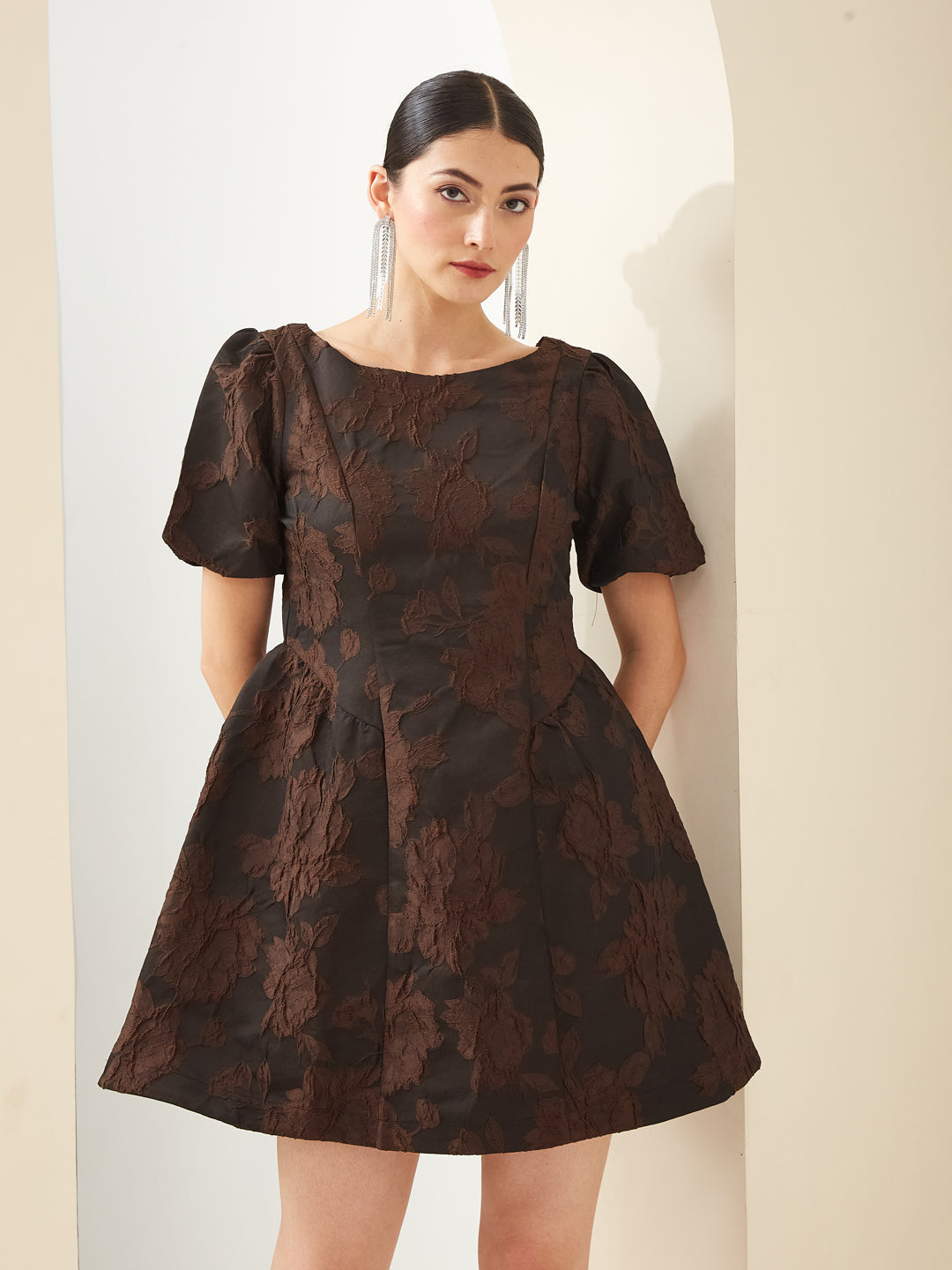 Latin Quarters Women Brown Boat Neck Short Sleeves Fit & Flare Textured Party Dress