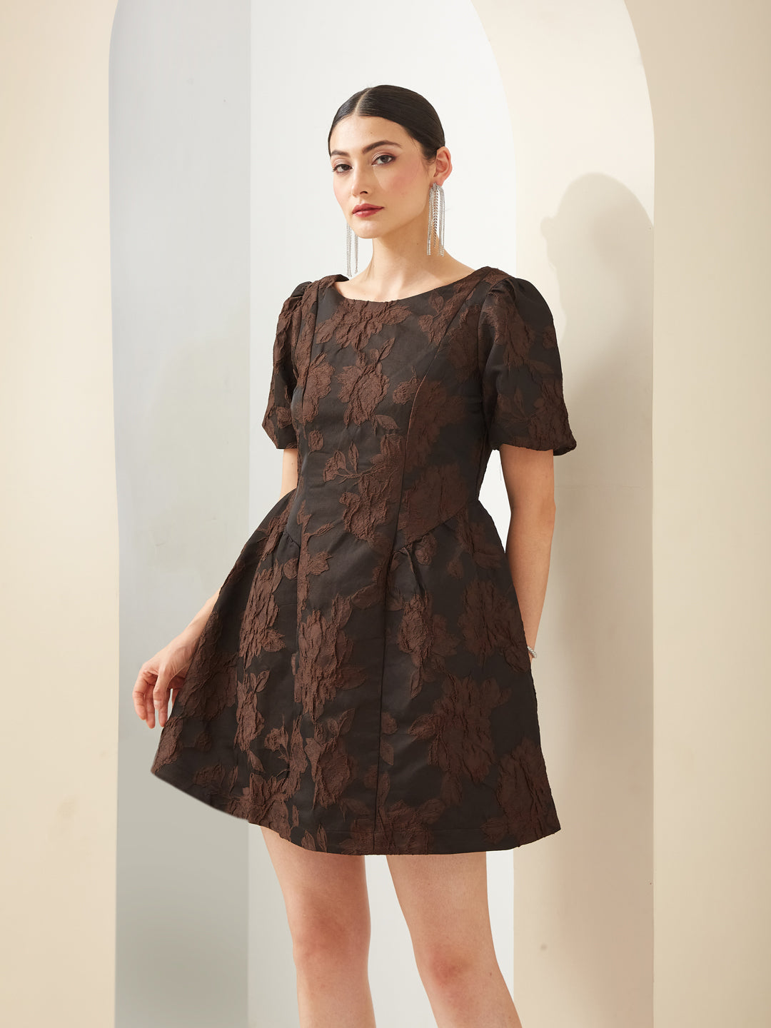 Latin Quarters Women Brown Boat Neck Short Sleeves Fit & Flare Textured Party Dress