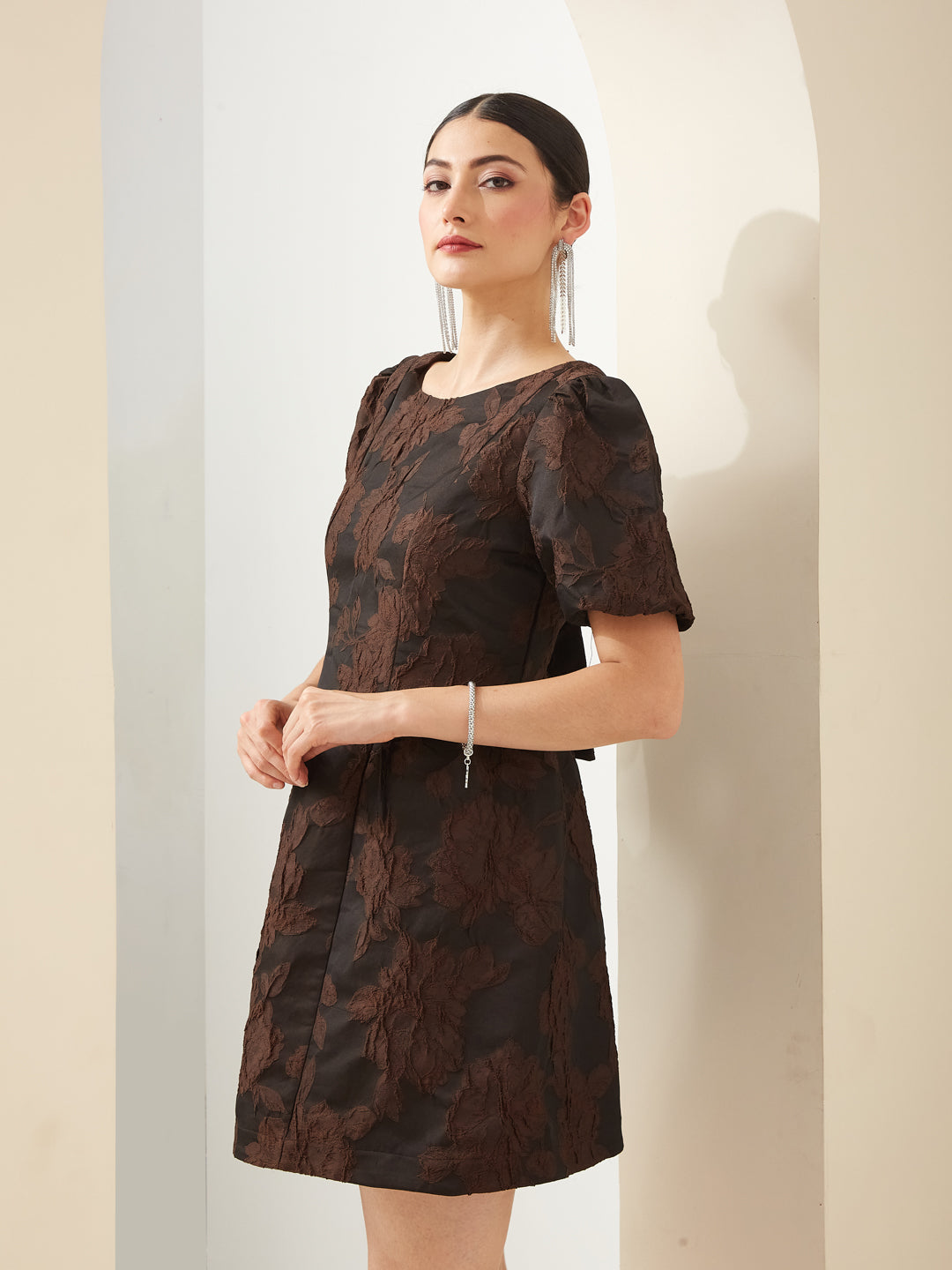 Latin Quarters Women Brown Boat Neck Short Sleeves Fit & Flare Textured Party Dress