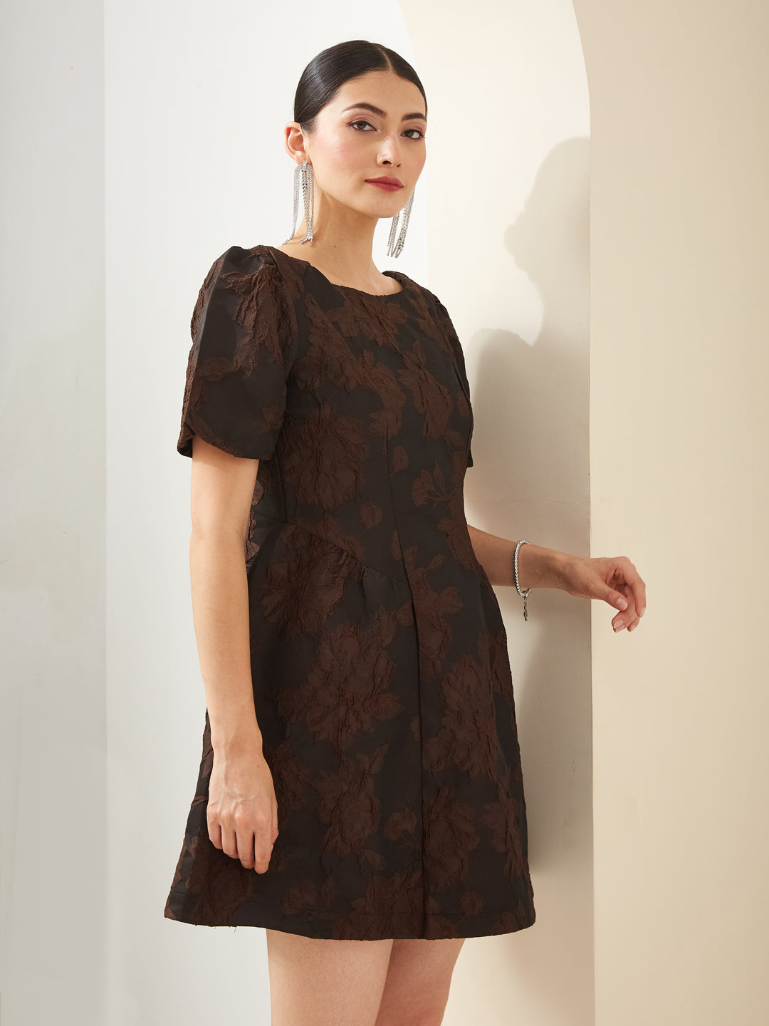 Latin Quarters Women Brown Boat Neck Short Sleeves Fit & Flare Textured Party Dress