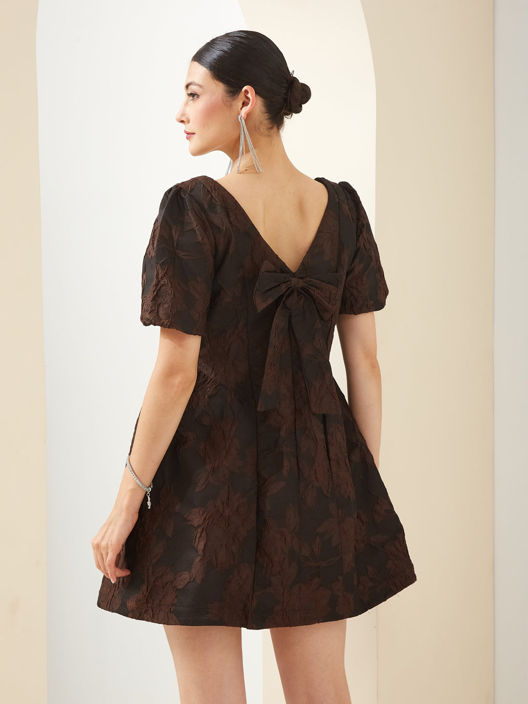 Latin Quarters Women Brown Boat Neck Short Sleeves Fit & Flare Textured Party Dress