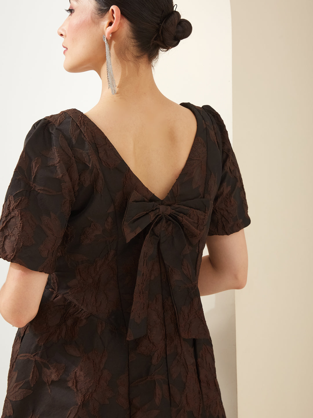 Latin Quarters Women Brown Boat Neck Short Sleeves Fit & Flare Textured Party Dress