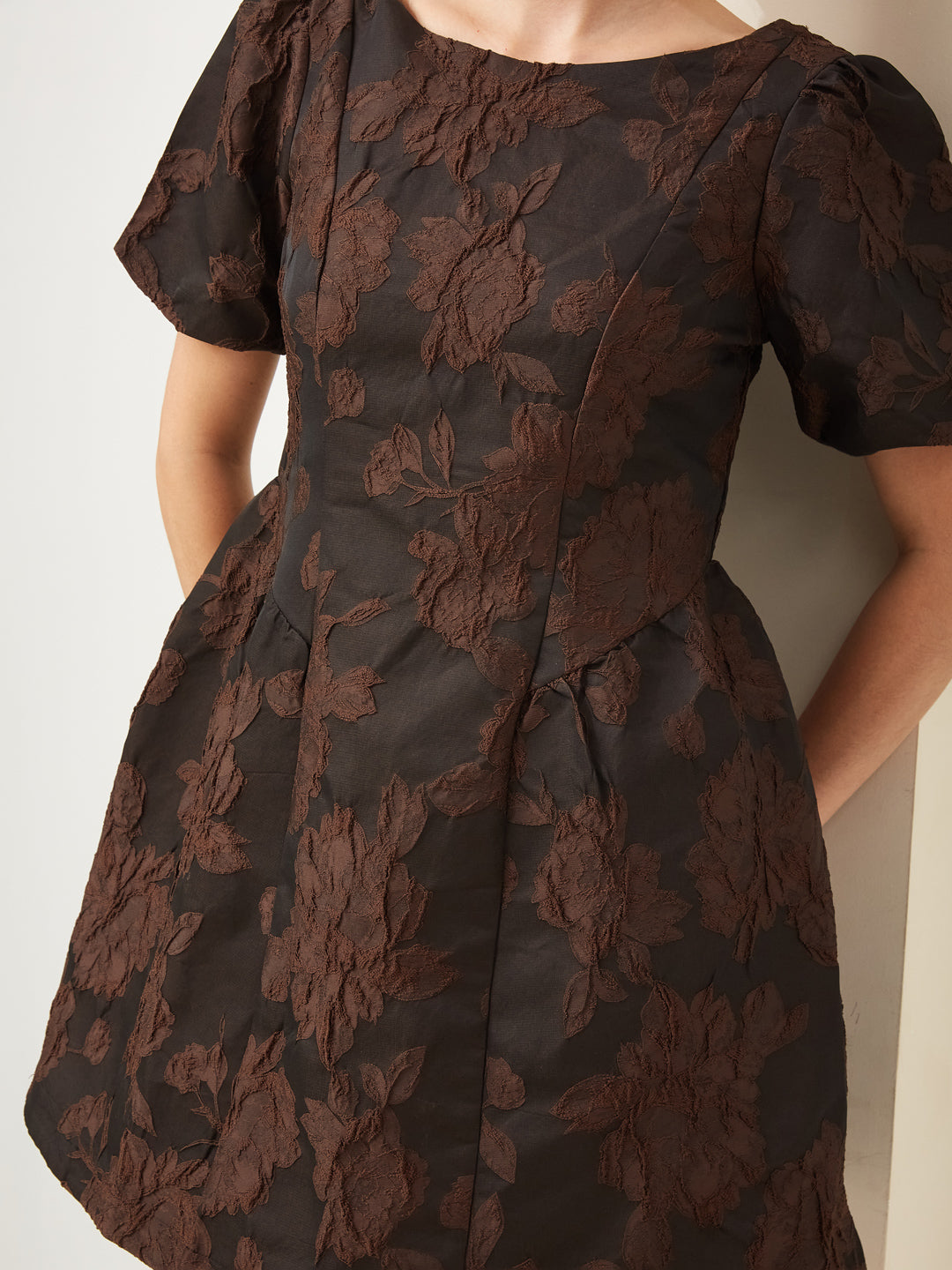 Latin Quarters Women Brown Boat Neck Short Sleeves Fit & Flare Textured Party Dress