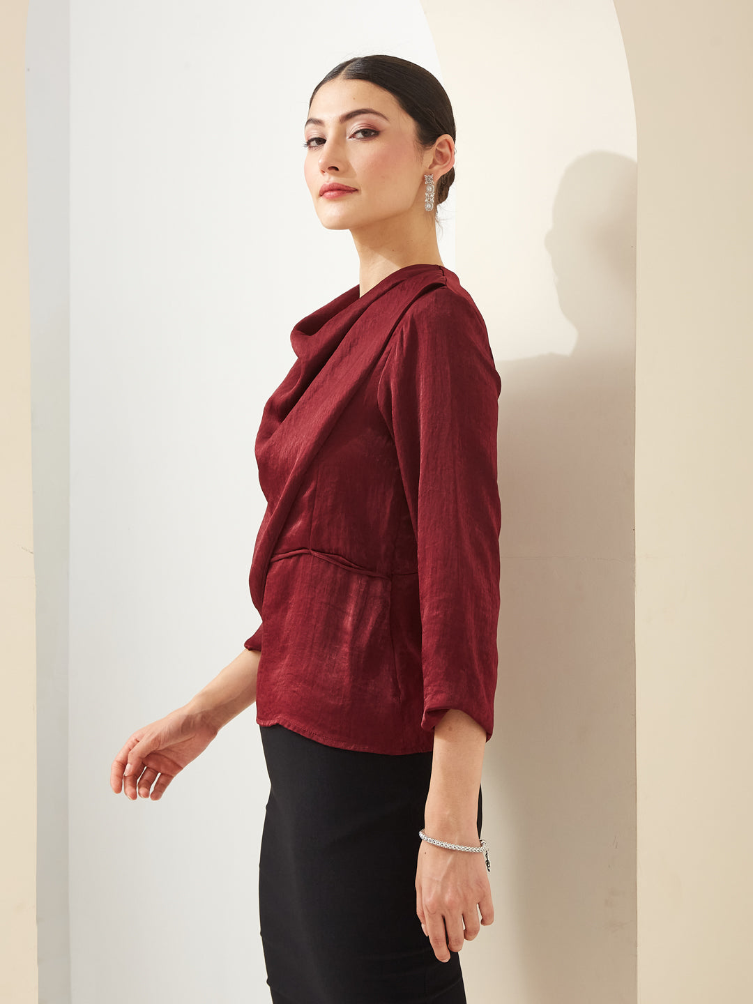 Latin Quarters Women Maroon Cowl Neck 3/4th Sleeves Solid Party Top