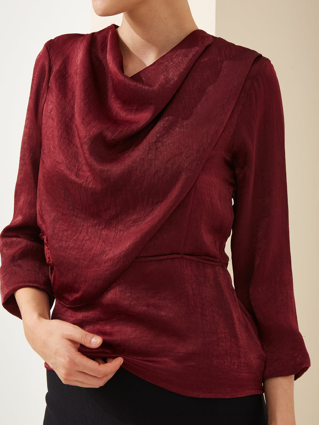 Latin Quarters Women Maroon Cowl Neck 3/4th Sleeves Solid Party Top