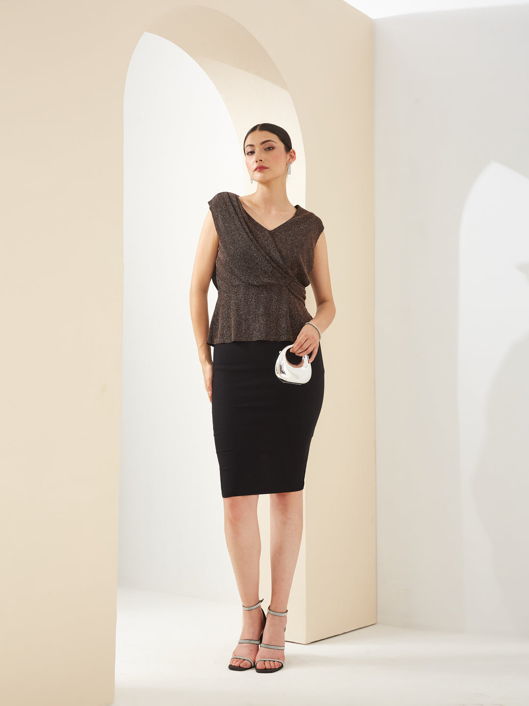 Latin Quarters Women Copper Shimmer V- Neck Cap Sleeve Solid Party Top